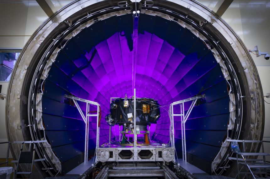 This image shows NASA’s IMAP mission being loaded into the thermal vacuum chamber of NASA Marshall Space Flight Center’s X-Ray and Cryogenic Facility in Huntsville, Alabama, in March.