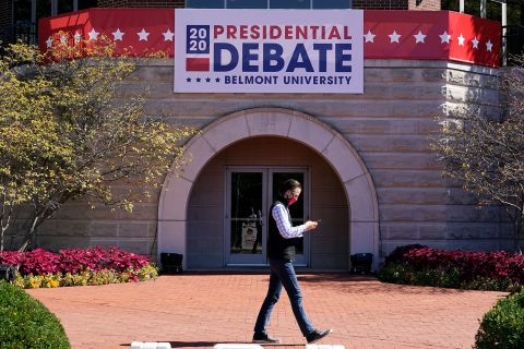 The Curb Event Center at Belmont University in Nashville is decorated ahead of Thurday's debate. 