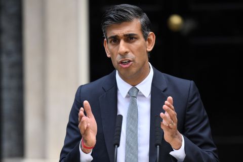 Britain's new Prime Minister Rishi Sunak delivers a speech outside 10 Downing Street in central London Tuesday.