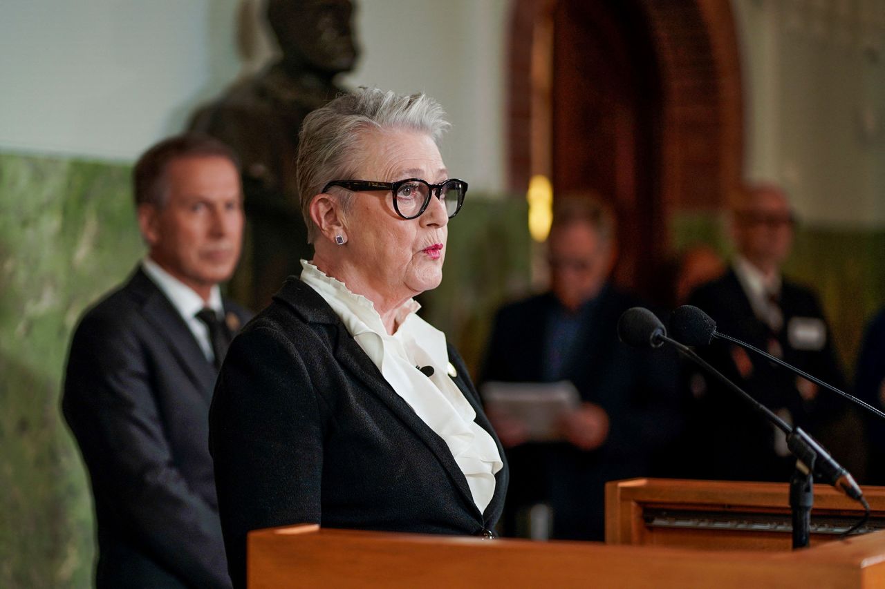 Berit Reiss-Andersen, chair of the Nobel Peace Prize Committee, speaks during a press conference to announce the winner of the 2022 Nobel Peace Prize at the Norwegian Nobel Institute in Oslo, on October 7.