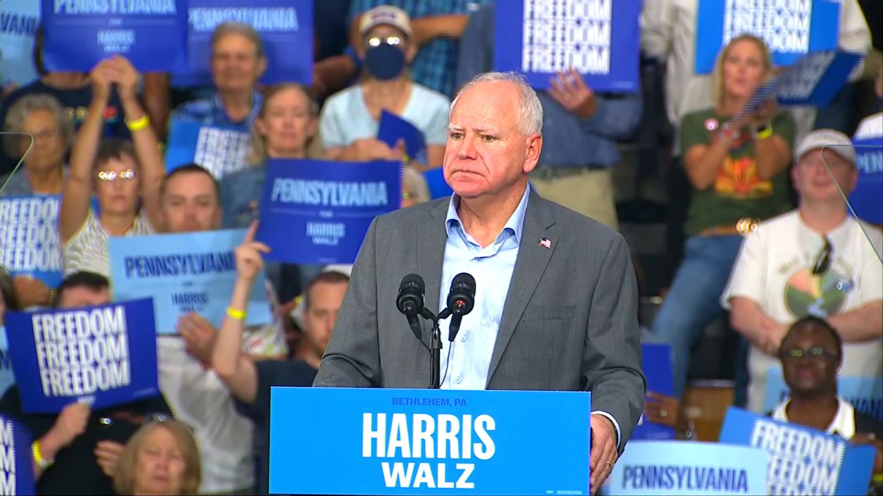 Minnesota Gov. Tim Walz speaks at a campaign rally in Bethlehem, Pennsylvania, on September 21.