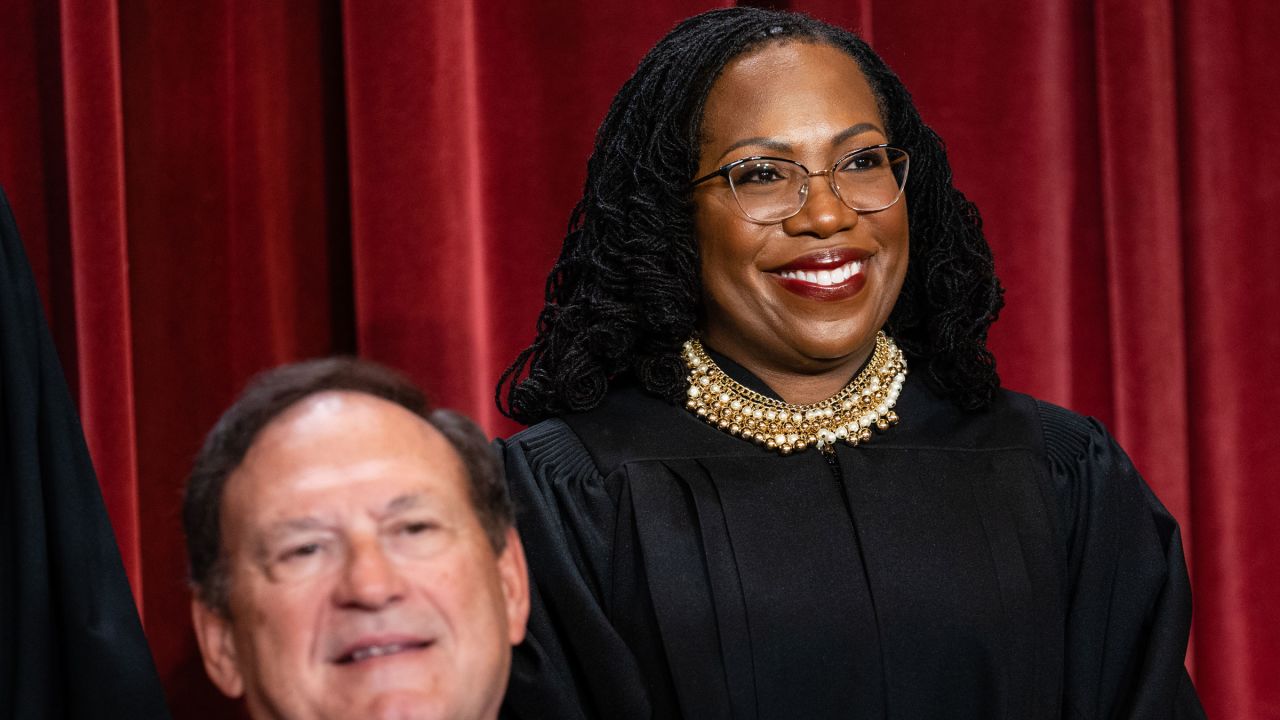 Justices Samuel Alito and Ketanji Brown Jackson take part in a formal group photo of the US Supreme Court earlier this month.