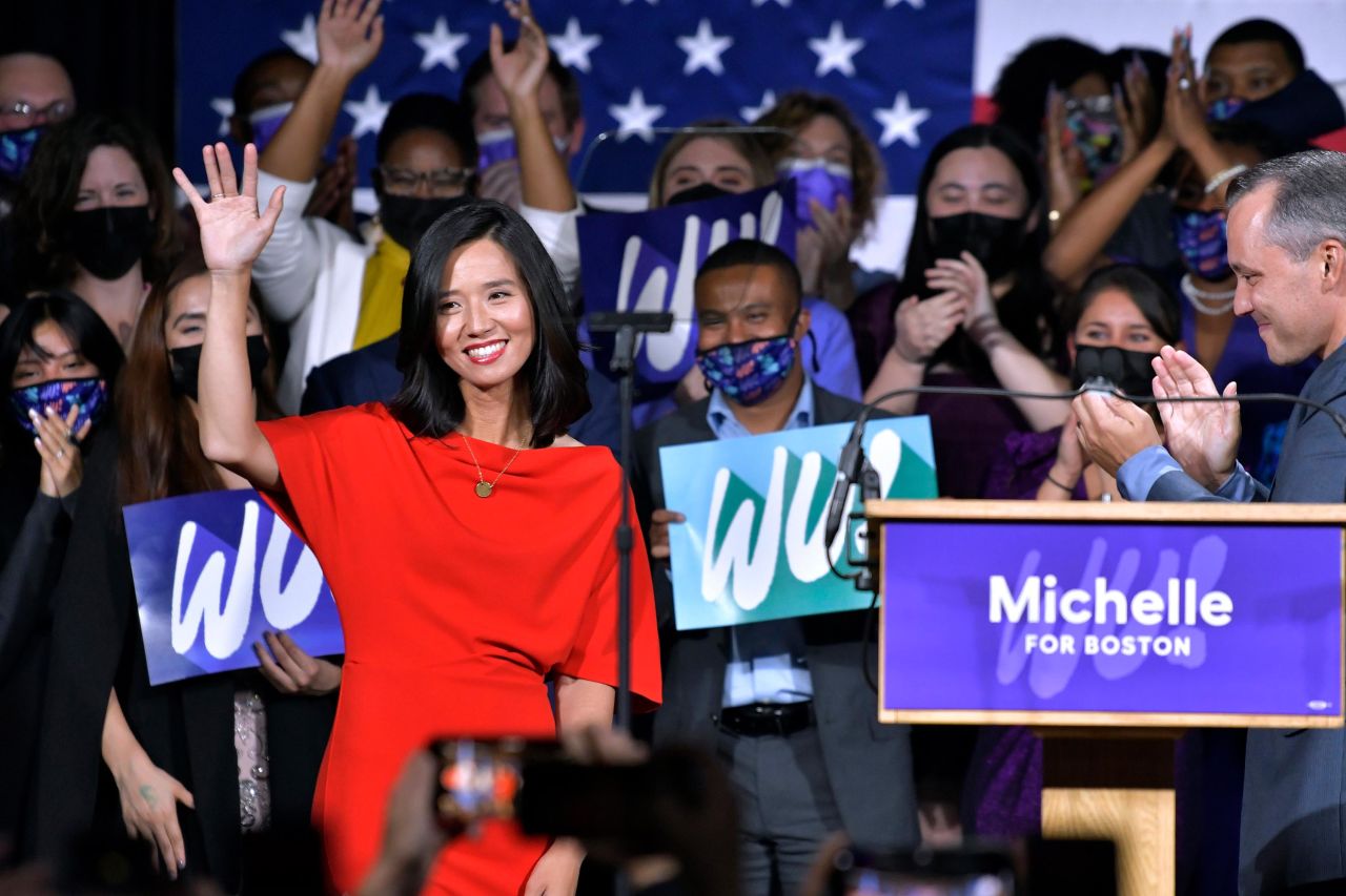 Michelle Wu greets supporters at her election night party on Tuesday in Boston. 