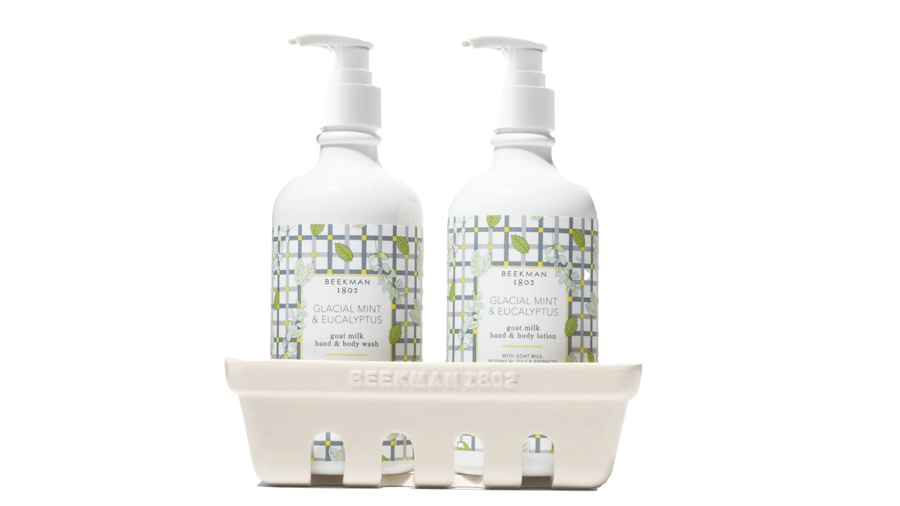 Two bottles of Beekman 1802 glacial mint and eucalyptus in a caddy