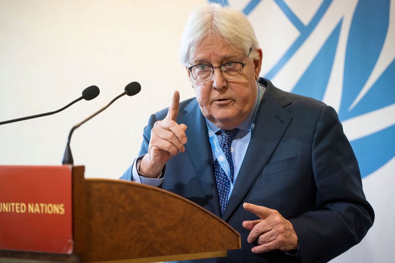 Griffiths speaks during a press conference on the situation in Gaza in Geneva on Wednesday.