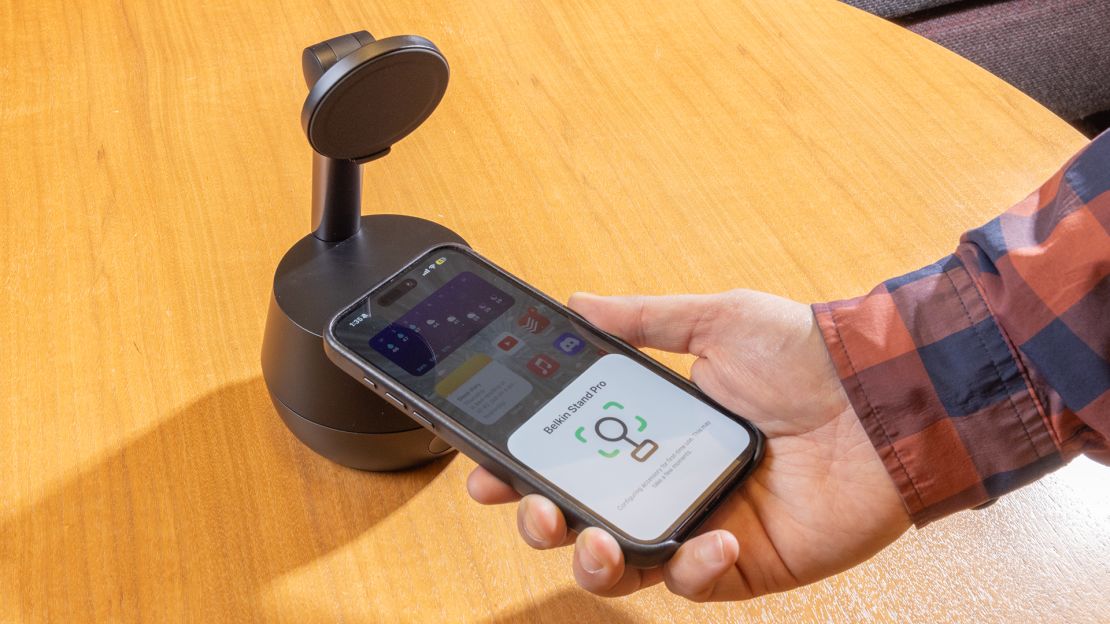 An iPhone easily connects to the the Belkin Auto-Tracking Stand Pro.