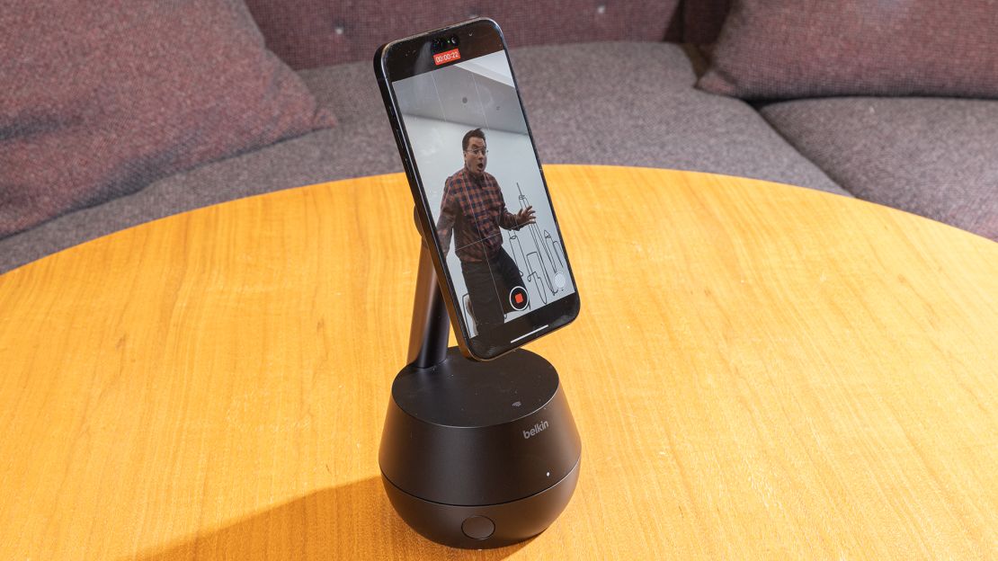 CNN Underscored tech writer Henry T. Casey is tracked by an iPhone on the Belkin Auto-Tracking Stand Pro.