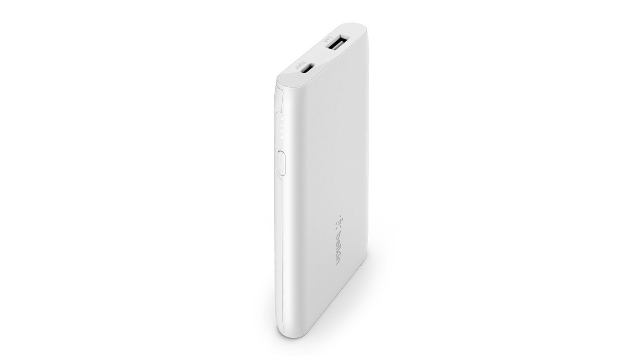 A photo of a white Belkin BoostCharge 5K portable power bank