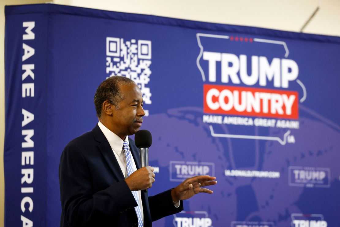 Former HUD Secretary Ben Carson campaigns for former President Donald Trump at the Grace Baptist Church on January 11, 2024 in Marion, Iowa. 