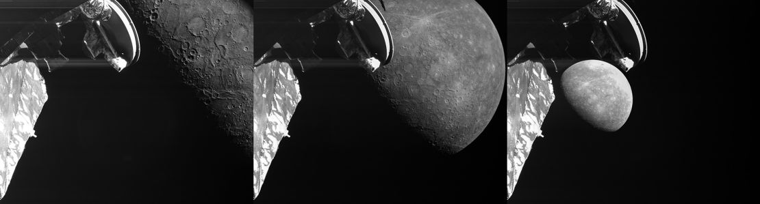 The BepiColombo spacecraft captured these images during its third Mercury flyby on June 19, 2023. Many geological features are visible, including the newly named Manley impact crater.