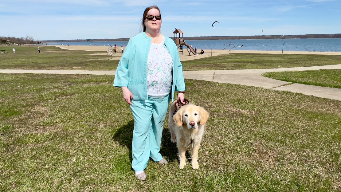 Bernadetta King, program manager of the Bureau of Services for the Visually Impaired at Opportunities for Ohioans with Disabilities, visits Alum Creek State Park, north of Columbus, Ohio. The park is one of the places receiving a LightSound device for Monday's eclipse.