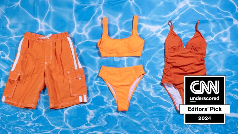 Three swimsuits from Amazon displayed on a swimming pool water background
