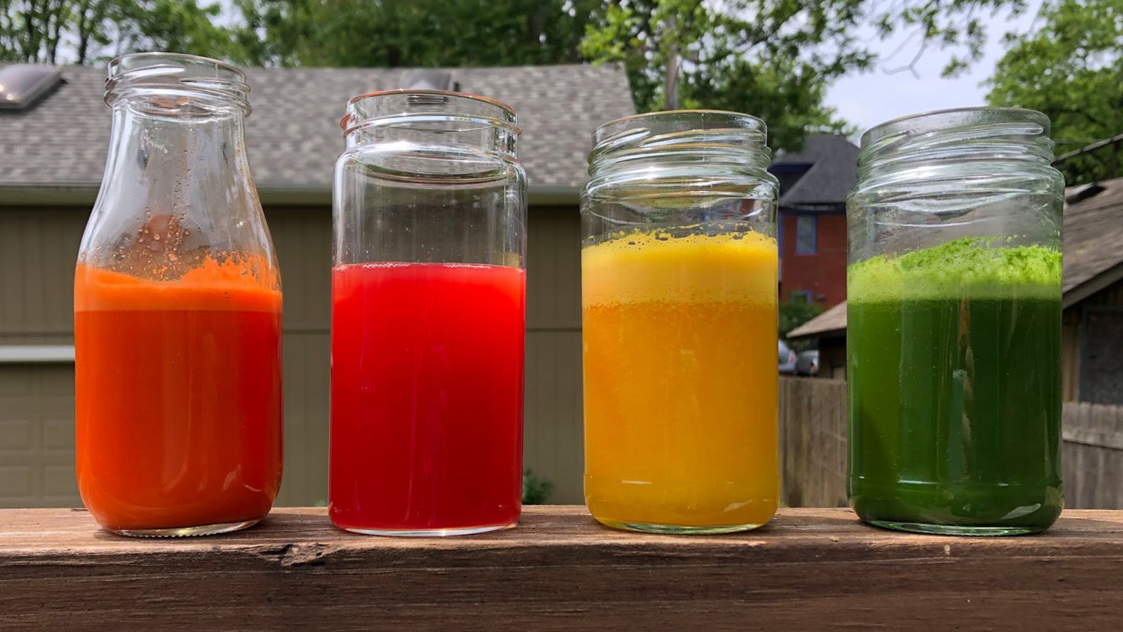 4 jars of freshly squeezed juice, orange, watermelon, carrot and greens, sitting outdoors on a countertop on a sunny day.