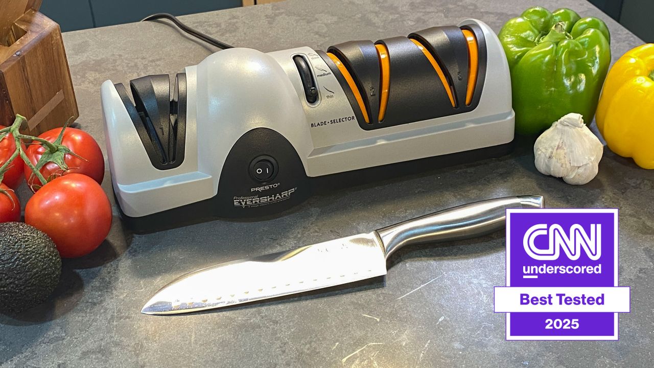 Presto knife sharpener on counter with knife and vegetables