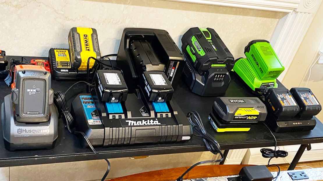 Here are all of the electric leaf blower batteries in their respective chargers. Most chargers we tested are single capacity, but a couple of the chargers can charge two batteries at once, like those above by Makita and Worx.