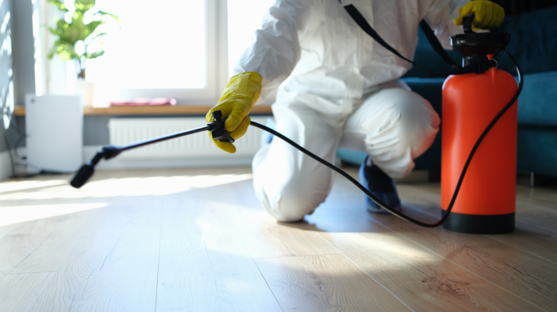 Worker in protective suit sprays for pests.