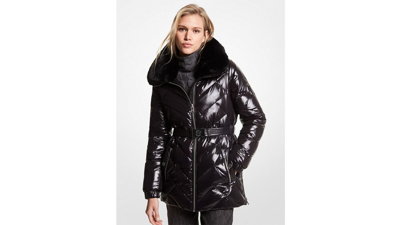 Michael by Michael Kors Faux Fur Trim Chevron Quilted Nylon Belted Puffer Coat