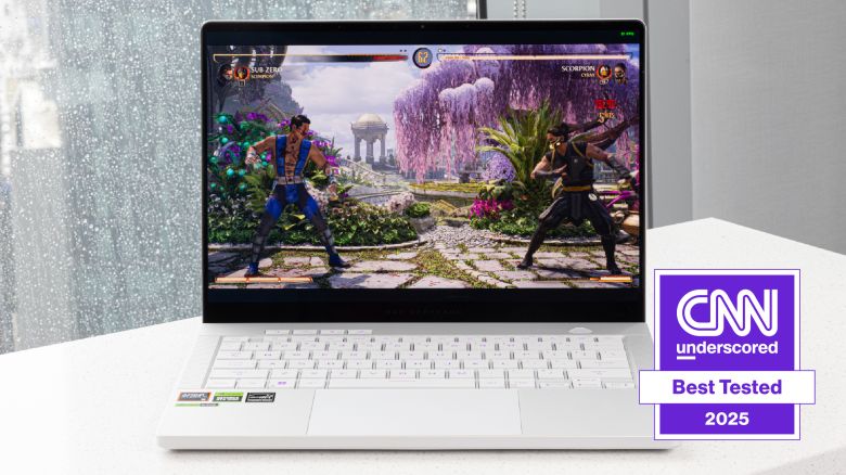 The Asus ROG Zephryus G14 gaming laptop running Mortal Kombat 1. 