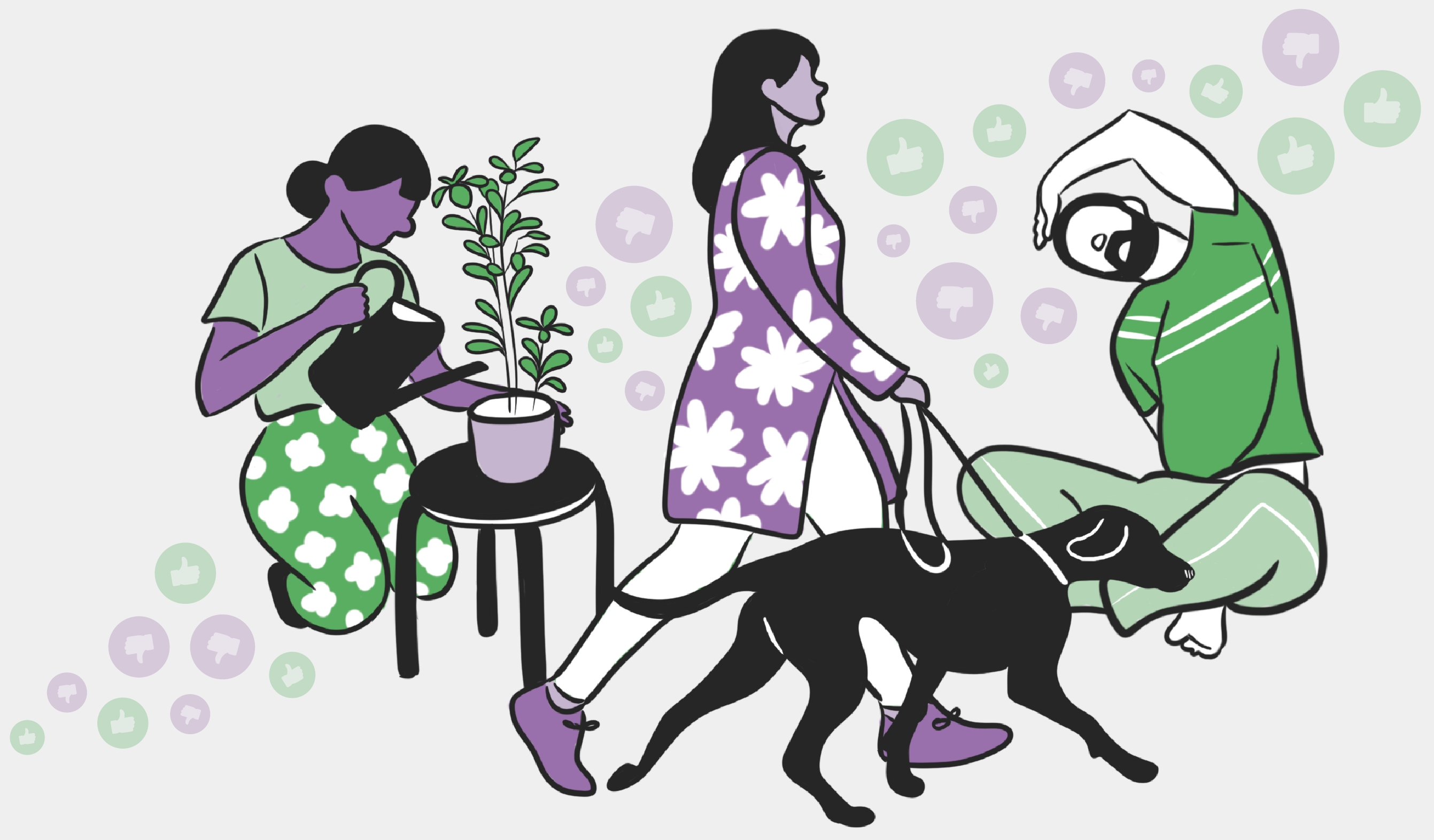 Illustration of a woman watering a plan, a woman walking a dog and a man stretching with thumbs up and thumbs down floating in the backgroud.