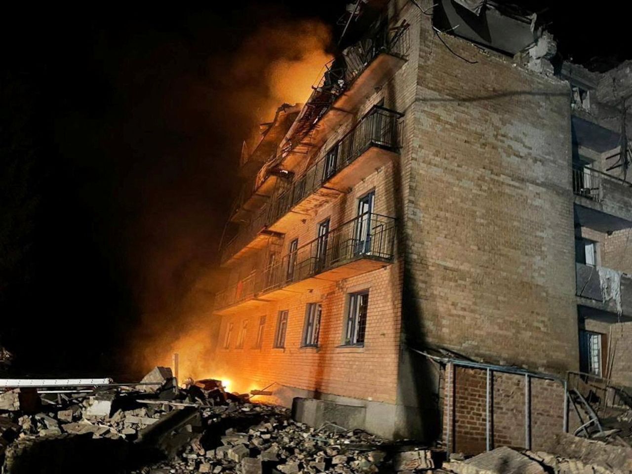 A view shows the building heavily damaged by a Russian?drone?strikes in the town of Rzhyshchiv, in Kyiv region on Wednesday.