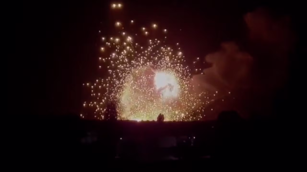 An explosion in Russian-occupied Nova Kakhovka, in the Kherson region, on Monday.