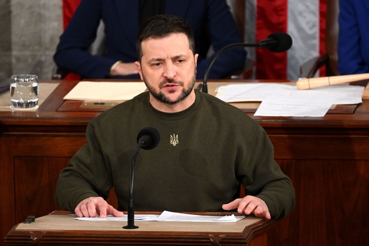 Ukrainian President Volodymyr Zelensky addresses the US Congress at the US Capitol in Washington, DC on December 21.