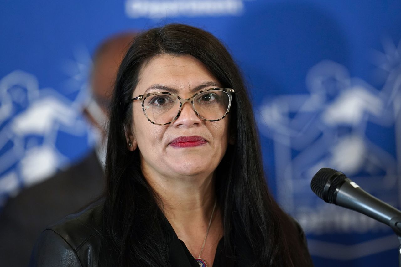 Rashida Tlaib attends a news conference in Detroit, Michigan, on February 18, 2022.