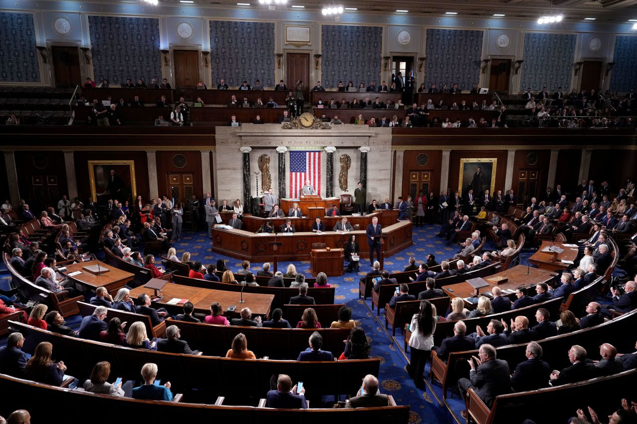 Rep. Kevin McCarthy nominates Rep. Jim Jordan for Hosue Speaker from the floor of the House Chamber in the Capitol on Friday.