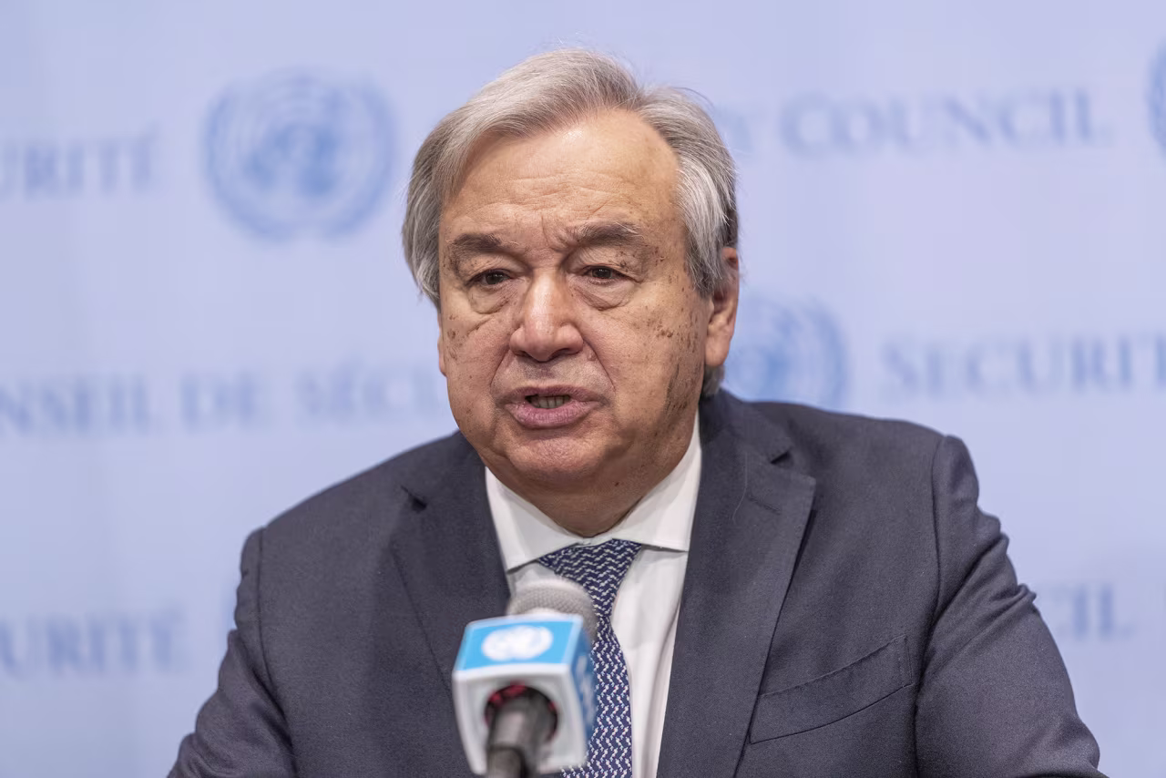Secretary-General Antonio Guterres addresses the media press at Security Council stakeout at UN Headquarters in New York on November 3, 2022. He hailed the resumption of Black Sea Grain Initiative, praised President Recep Tayyip Erdogan, praised the Permanent Cessation of Hostilities in Ethiopia and addressed the climate emergency ahead of the UN Climate Conference COP27. (Photo by 
