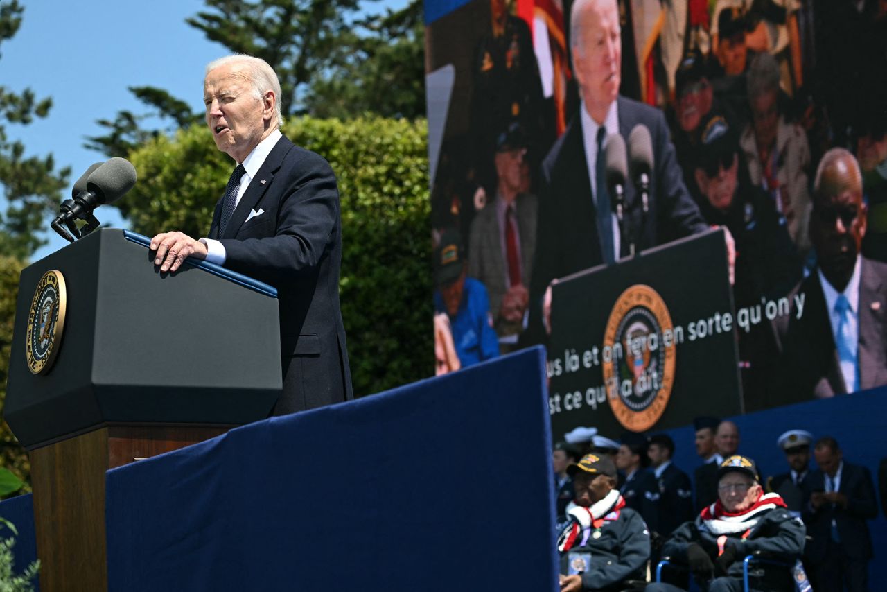US President Joe Biden delivers a speech during the US ceremony marking the 80th anniversary of the World War II D-Day Allied landings in Normandy, on June 6.