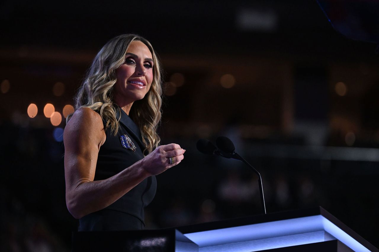 Co-chair of the Republican National Committee Lara Trump speaks during the second day of the  Republican National Convention in Milwaukee on Tuesday, July 16.