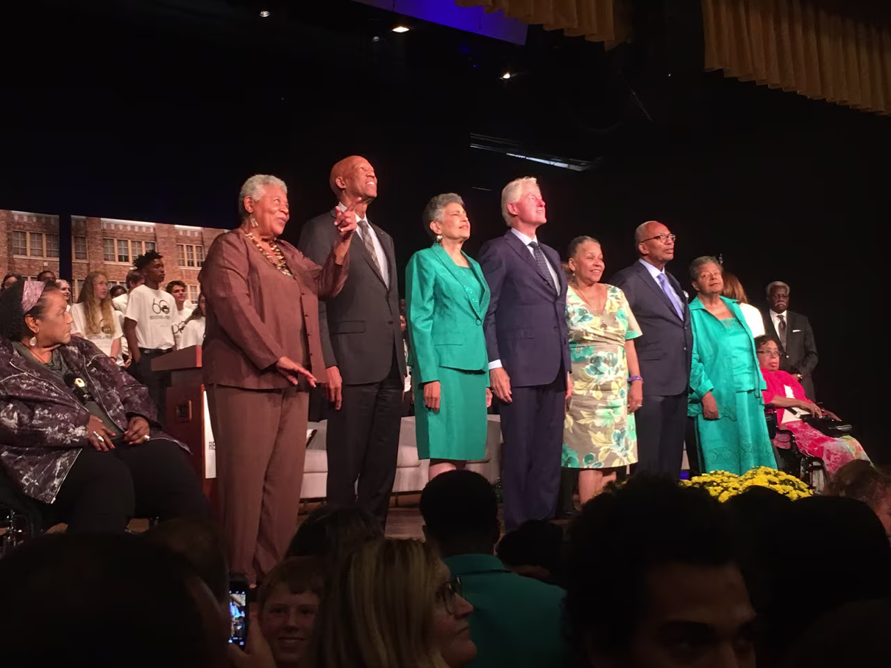Surviving members of the Little Rock Nine stand with former President Bill Clinton at Little Rock Central High School for the 60th anniversary of the school’s desegregation in 2017. Left to right: Melba Pattillo Beals, Minnijean Brown-Trickey, Terrence Roberts, Carlotta Walls LaNier, Clinton, Gloria Ray Karlmark, Ernest Green, Elizabeth Eckford and Thelma Mothershed-Wair.