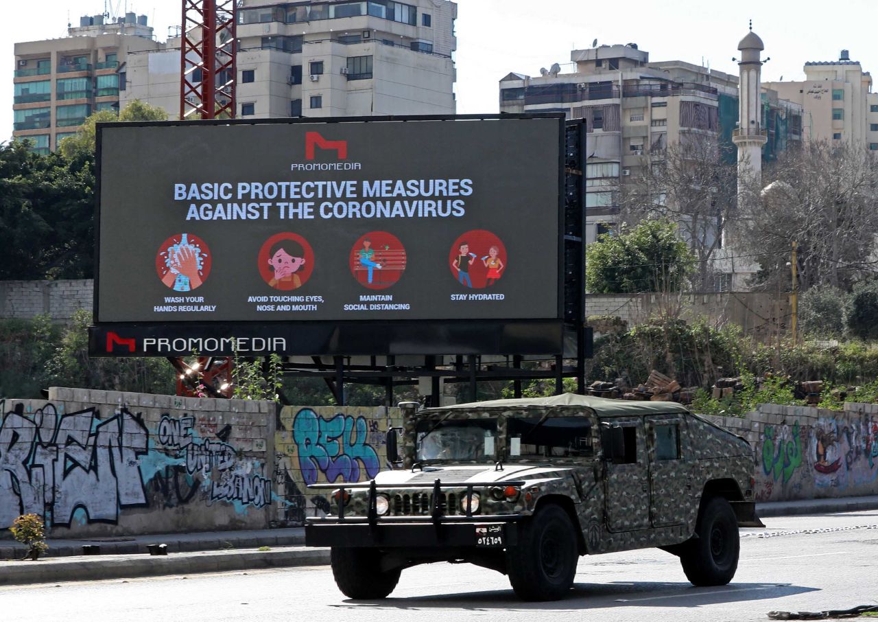 A military vehicle patrols in Beirut, Lebanon, amid the coronavirus pandemic, on March 22.