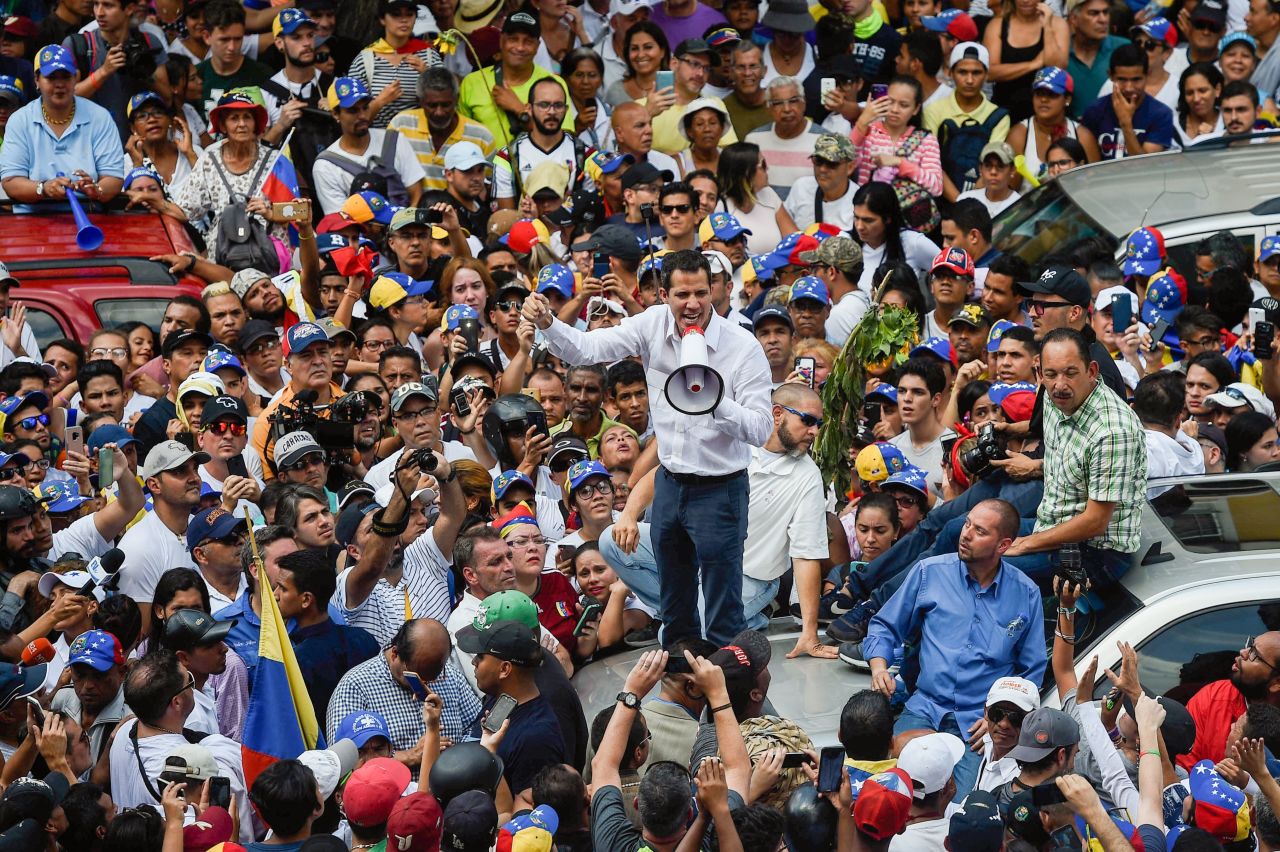 Guaido speaks to supporters at a rally in March.