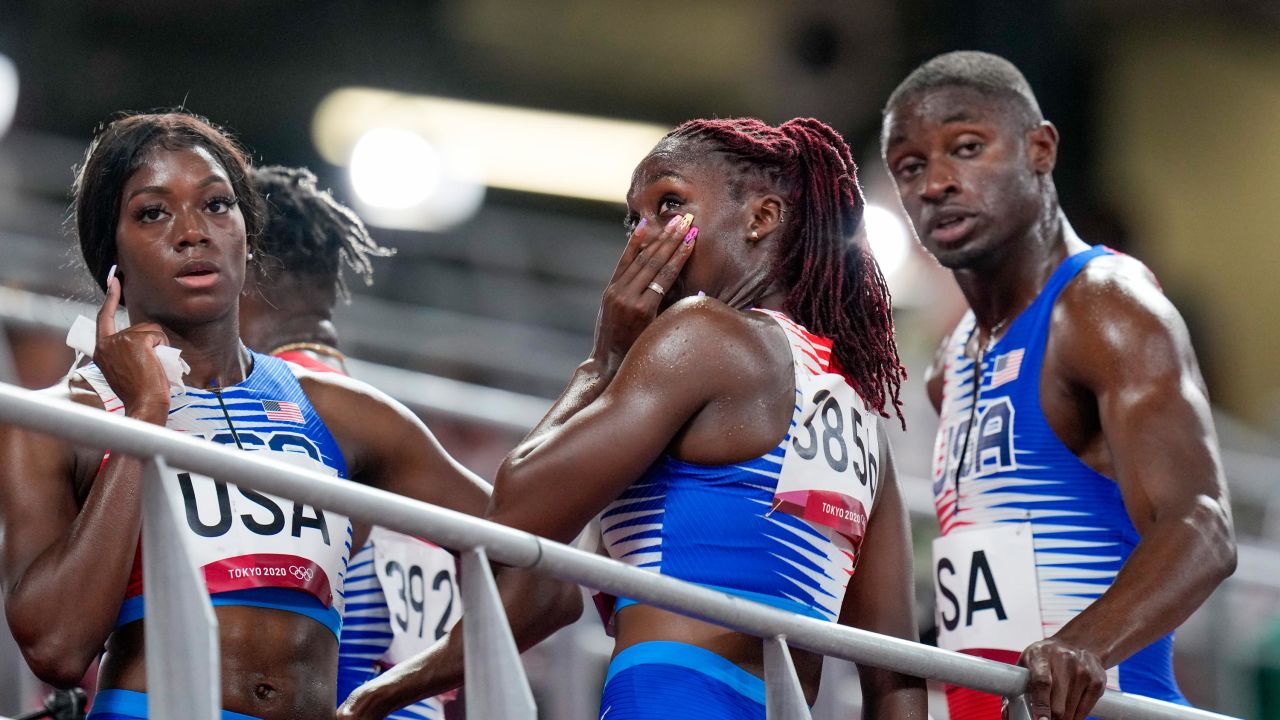 From left, USA's Taylor Manson, Lynna Irby and Bryce Deadmon look on after the 4 x 400m mixed relay on July 30.