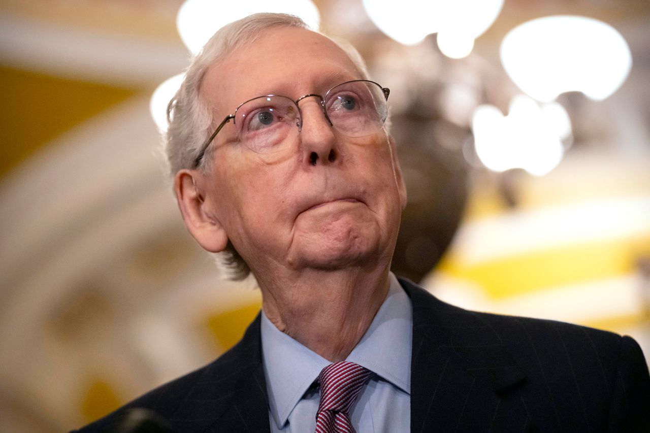 Senate Minority Leader Mitch McConnell speaks with reporters on February 27, in Washington, DC. 