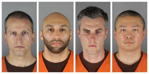 This combination of photos provided by the Hennepin County Sheriff's Office in Minnesota on June 3,  shows Derek Chauvin, from left, J. Alexander Kueng, Thomas Lane and Tou Thao.
