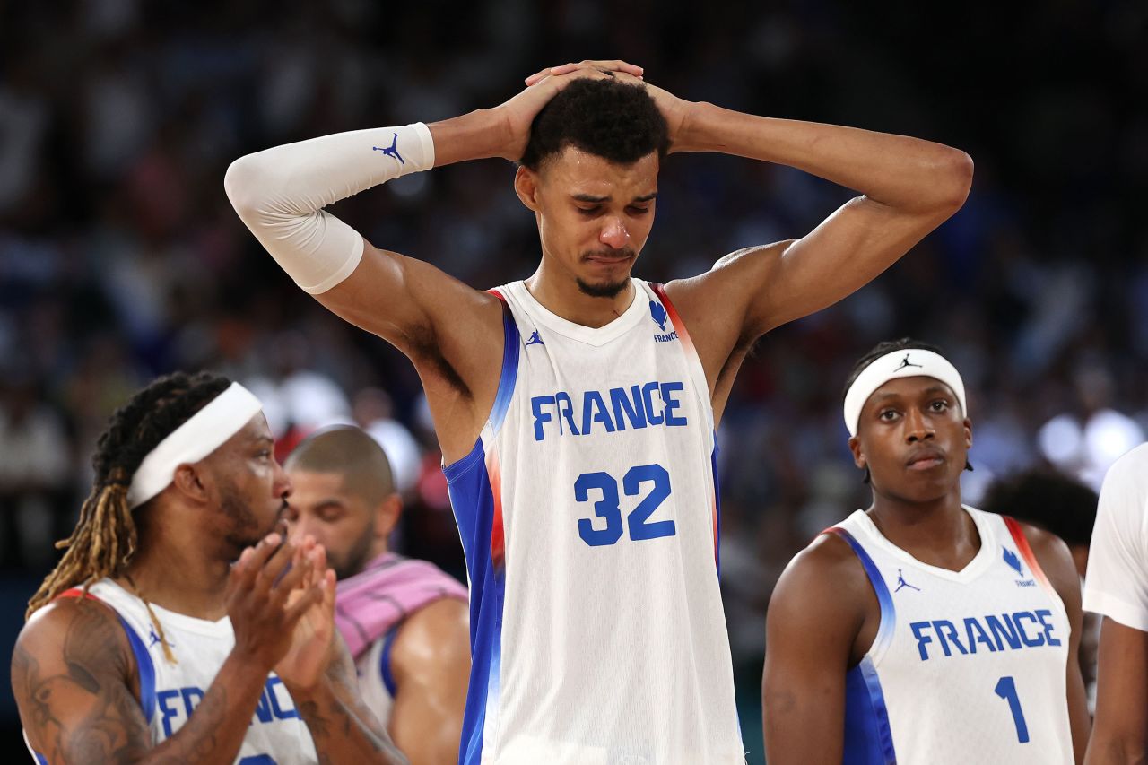 France's Victor Wembanyama reacts after his team's loss to Team USA. 