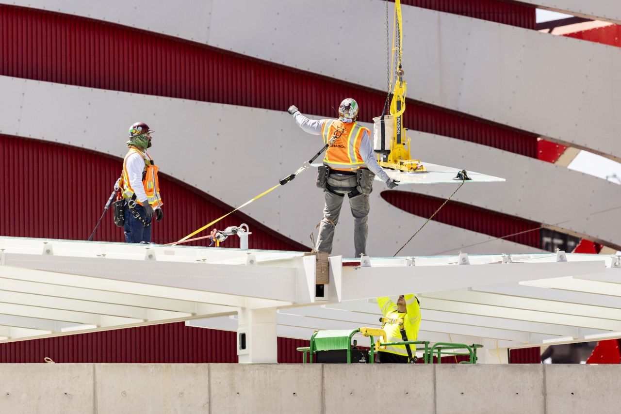 Workers are seen on a construction site in Los Angeles on Wednesday.