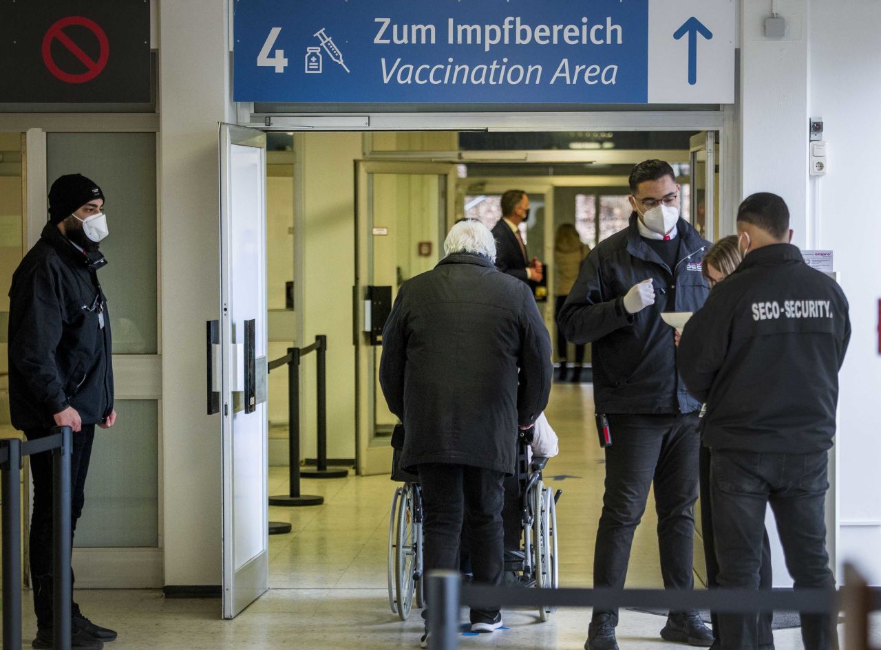 People are seen at a vaccination center in Mainz, Germany, on January 7.