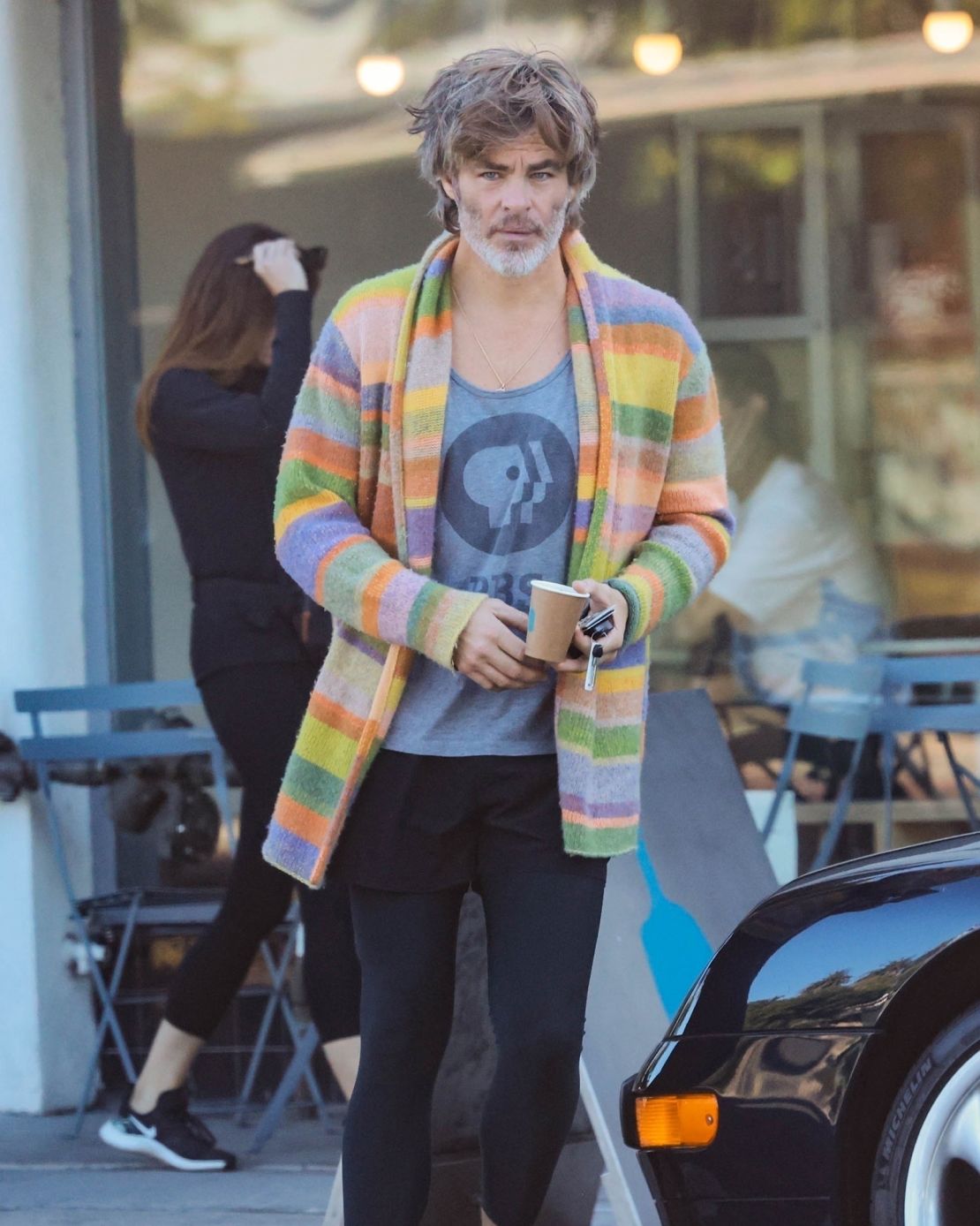 During a coffee run in Los Feliz, California, paparazzi photographers snapped Pine in this eccentric, conversation-starting look on October 6, 2023.