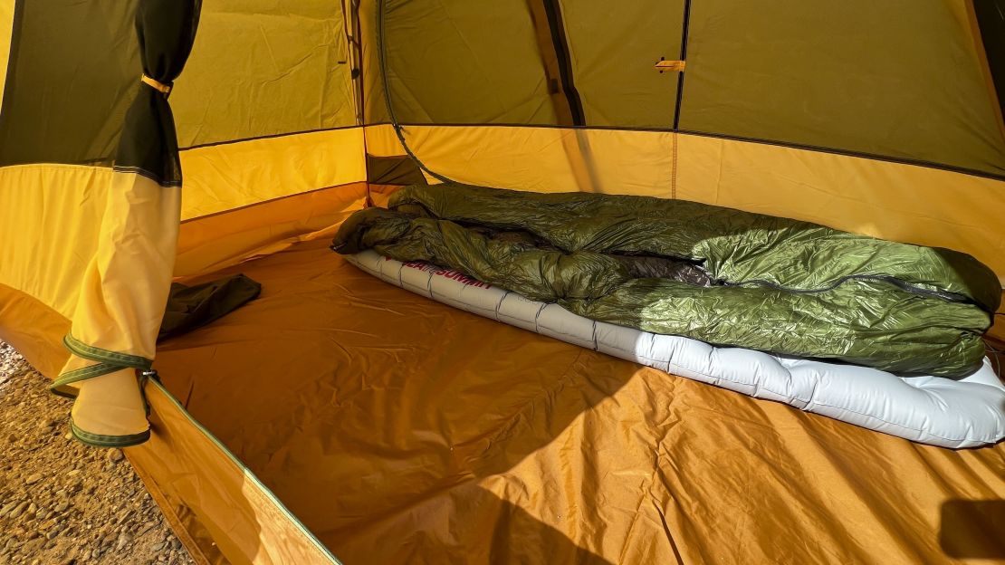 Interior of the REI Co-Op Trailmade 2 with one sleeping pad and sleeping bag inside