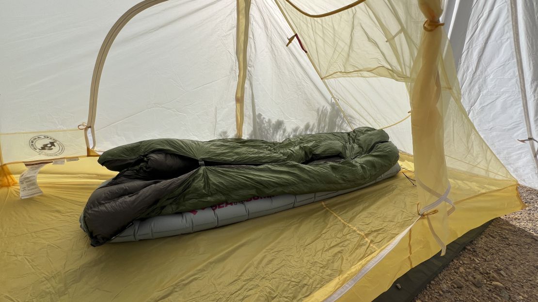 Interior of the Big Agnes Tiger Wall UL 2 with one sleeping pad and sleeping bag inside