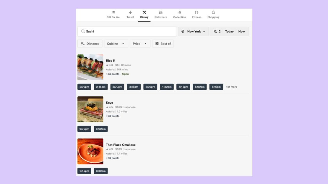 A screenshot of restaurants on the Bilt Dining section on Bilt's website