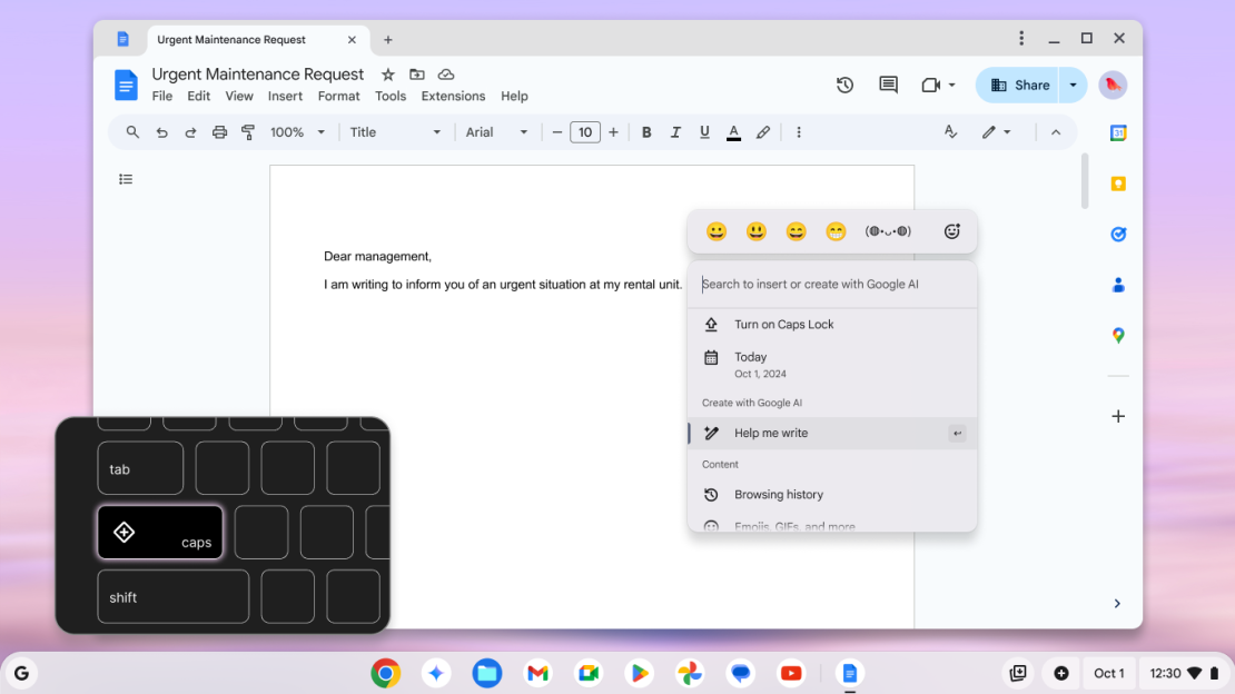 The Chromebook's Quick Insert Menu shows emojis, and the options to "Help me write" with Google AI, add the day's date and more.