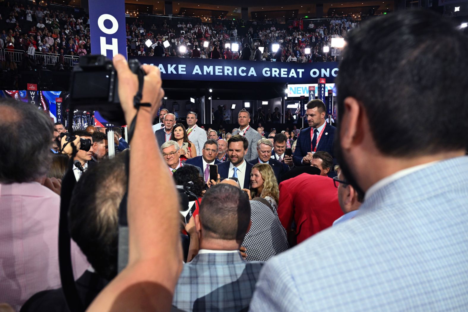 Vance appears on the convention floor on Monday.