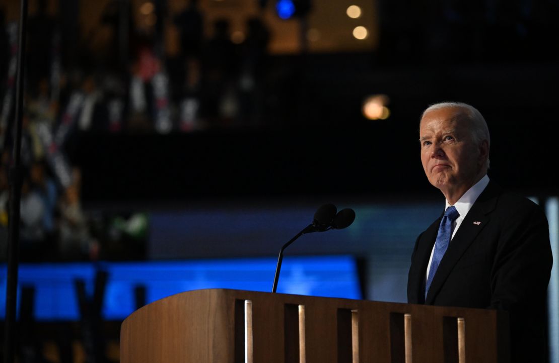 President Joe Biden speaks at the Democratic National Convention in Chicago Monday.