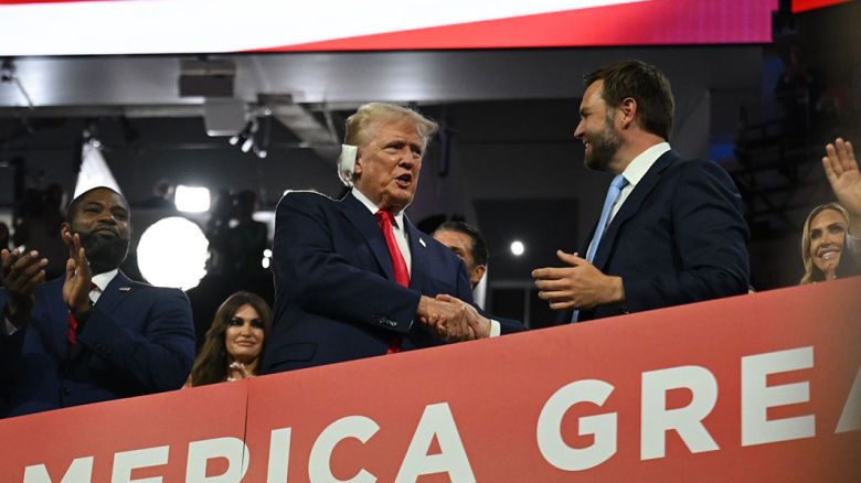 Former President Donald Trump is seen with his newly announced running mate, Sen. JD Vance, on Monday, July 15, 2024, at the Republican National Convention in Milwaukee.