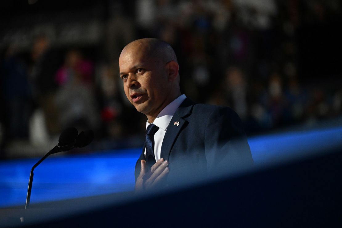 Retired US Capitol Police Officer Sgt. Aquilino Gonell speaks at the Democratic National Convention in Chicago, on August 21, 2024.