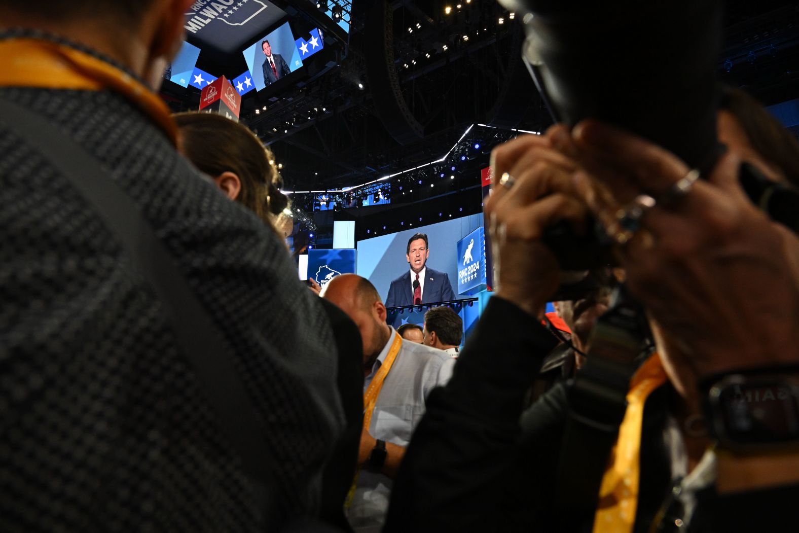 Florida Gov. Ron DeSantis speaks at the convention on Tuesday. <a >He praised Trump</a> on his US border and economic policies. “Our country was respected when Donald Trump was our commander-in-chief,” he said.